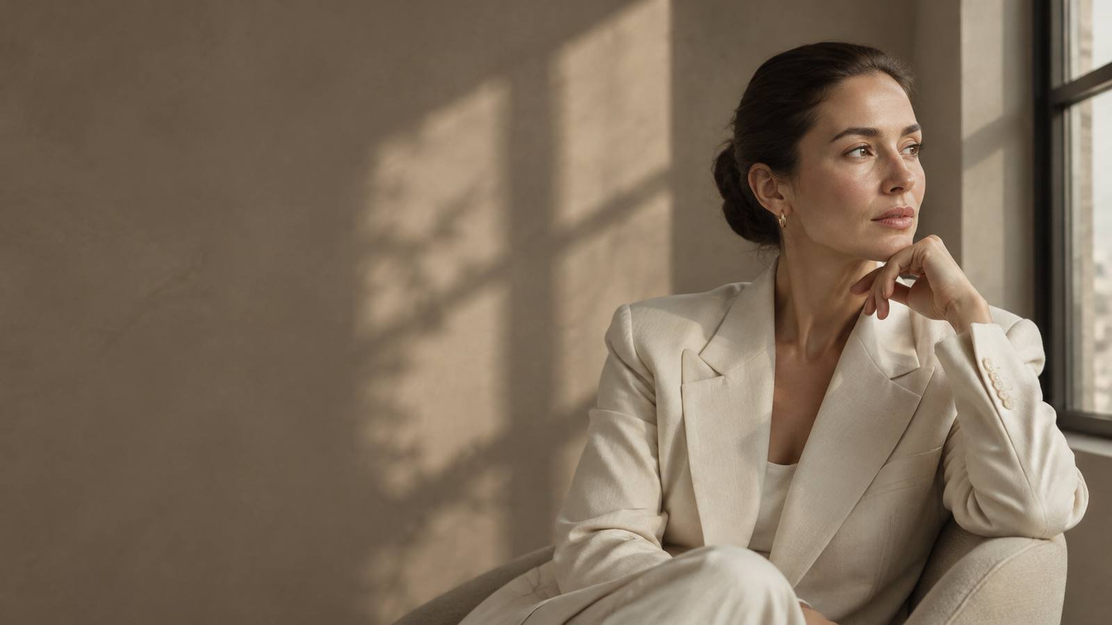Brand portrait in a cream blazer by a window