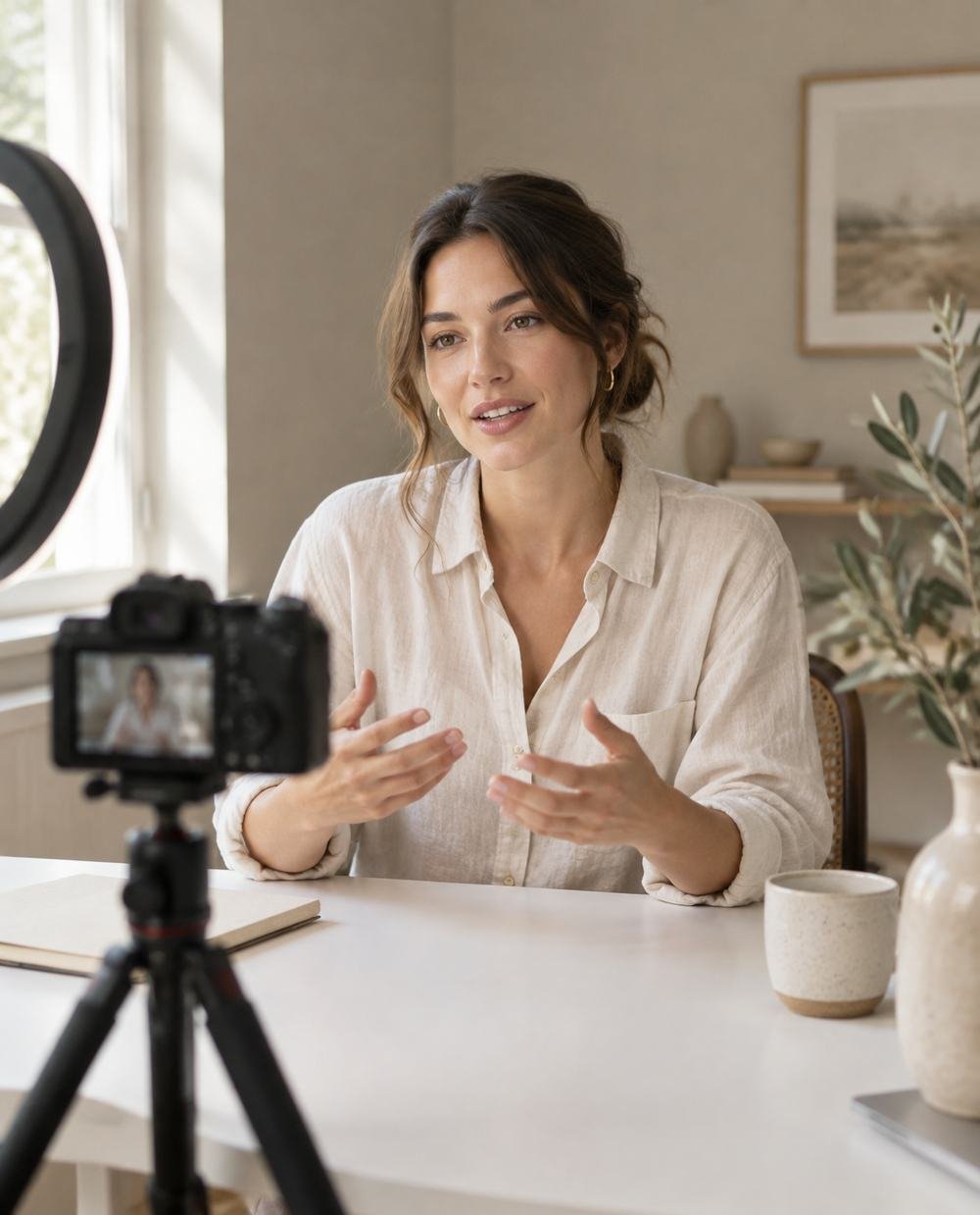 Creator filming a talking-head video at a desk