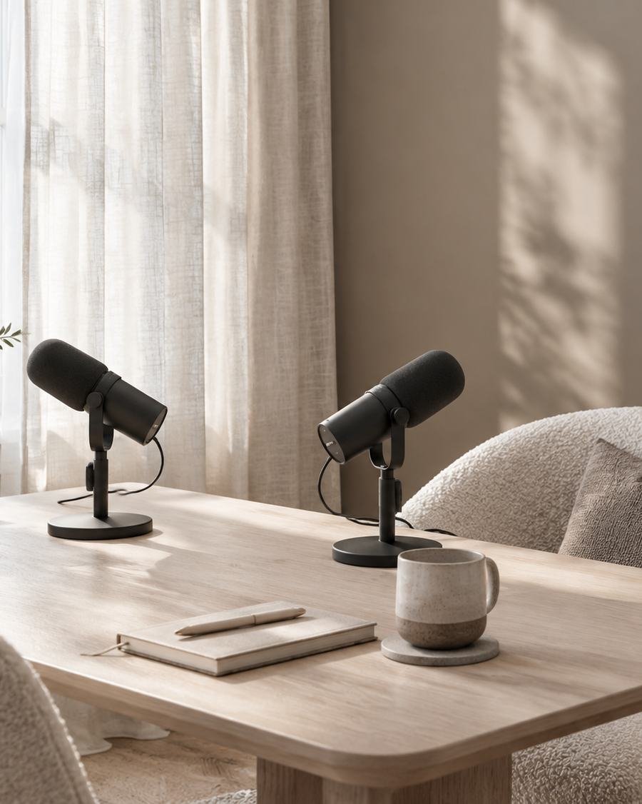 Podcast microphones in soft window light