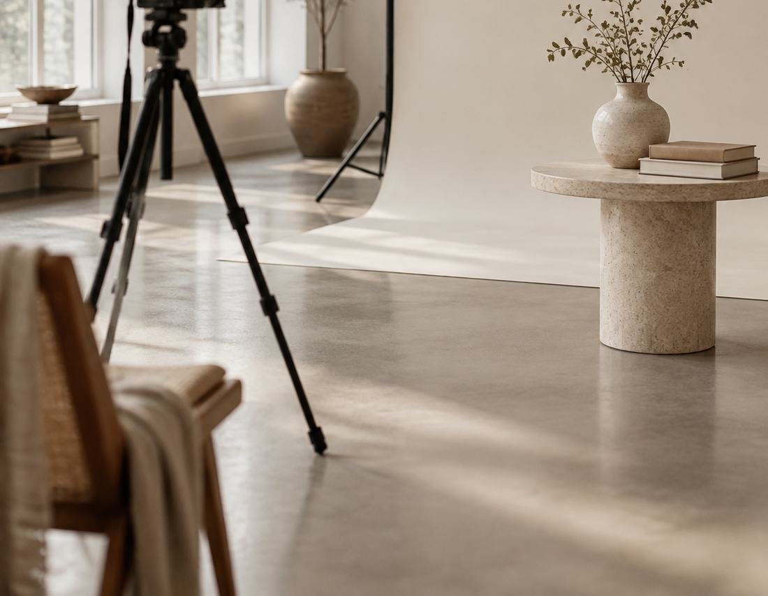 Bright studio with a paper backdrop